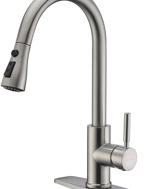 WEWE Single Handle High Arc Brushed Nickel Pull out Kitchen Faucet,Single Level Stainless Steel Kitchen Sink Faucets with Pull down Sprayer