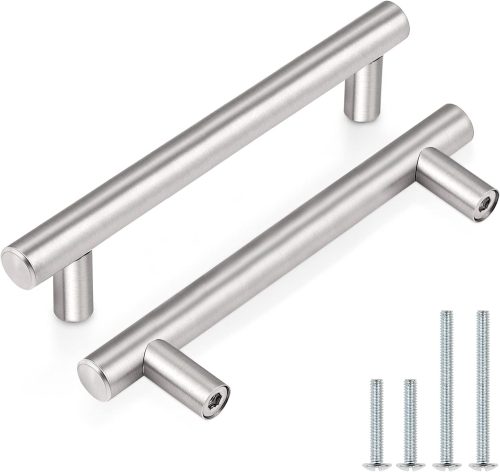 Kitchen Cabinet Handles Stainless Steel Satin Nickel Furniture Dresser Hardware,6 Inch Total Length Euro T Bar, 30 Pack - Hole Center 3.75 Inch(96mm), Brushed Nickel