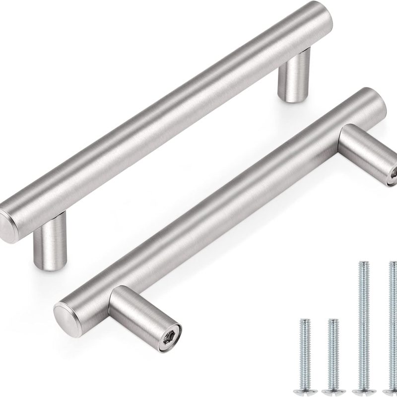Kitchen Cabinet Handles Stainless Steel Satin Nickel Furniture Dresser Hardware,6 Inch Total Length Euro T Bar, 30 Pack - Hole Center 3.75 Inch(96mm), Brushed Nickel