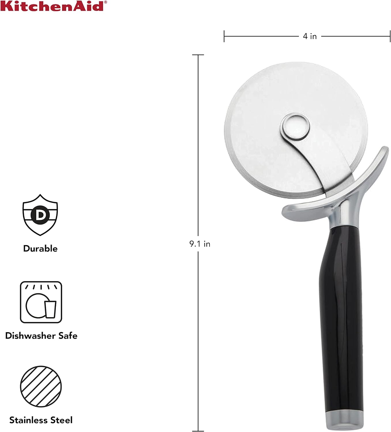 KitchenAid Classic Pizza Wheel with Sharp Blade For Cutting Through Crusts, Pies and More, Built In Finger Guard for Safety and Comfort Grip to Protect Fingers, Dishwasher Safe, 9-Inch, Black - Image 3