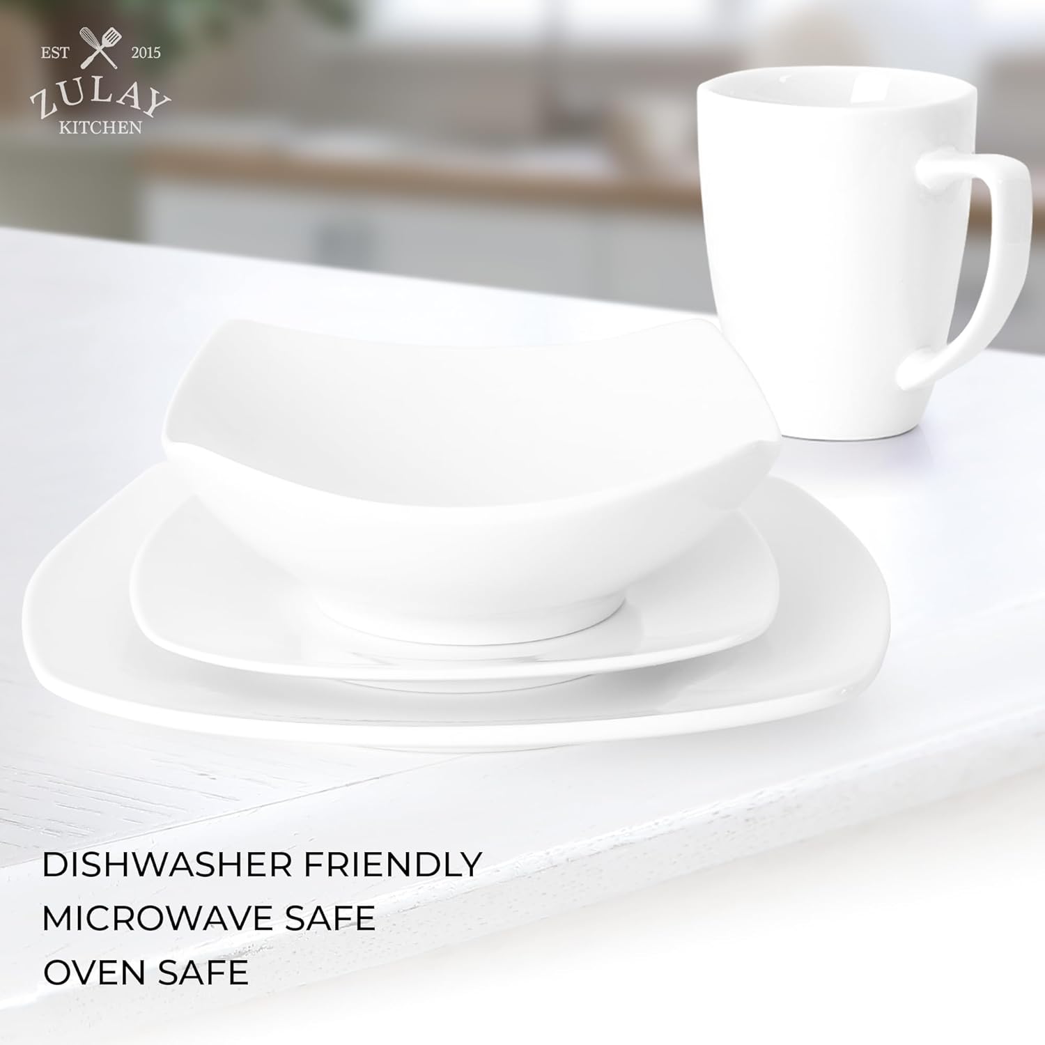 Zulay Kitchen Dishes Set for 4 - Durable 16-Piece Square Dinnerware Sets - Chip & Scratch-Resistant Porcelain Kitchen Plates & Bowls Sets - Dishwasher Safe Dish Set - Microwave Safe Plate Set - White - Image 3