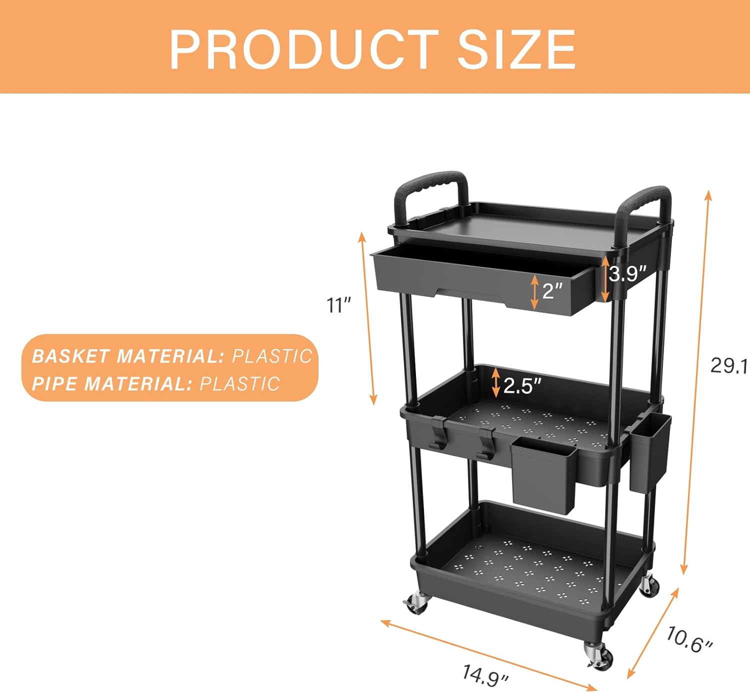 3 Tier Rolling Utility Cart with Drawer,REBECAT Utility Cart Made of Multifunctional Storage Organizer Tool for Kitchen,Bathroom,Living Room,Office(Black) - Image 2
