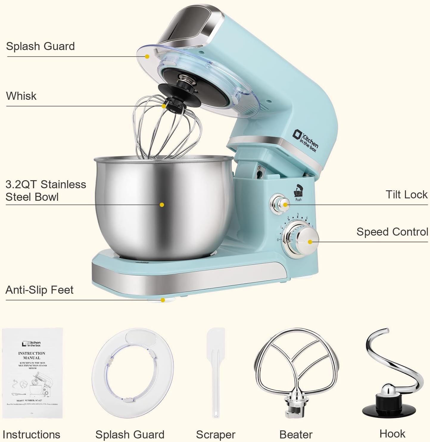 Kitchen in the box Stand Mixer,3.2Qt Small Electric Food Mixer,6 Speeds Portable Lightweight Kitchen Mixer for Daily Use with Egg Whisk,Dough Hook,Flat Beater (Blue) - Image 2