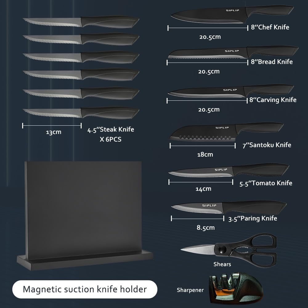 Kitchen knife set with Magnetic knife holder, 15 pieces high carbon stainless steel sharp kitchen knife set including chef's knife, bread knife, serrated steak knife set, knife sharpener - Image 2
