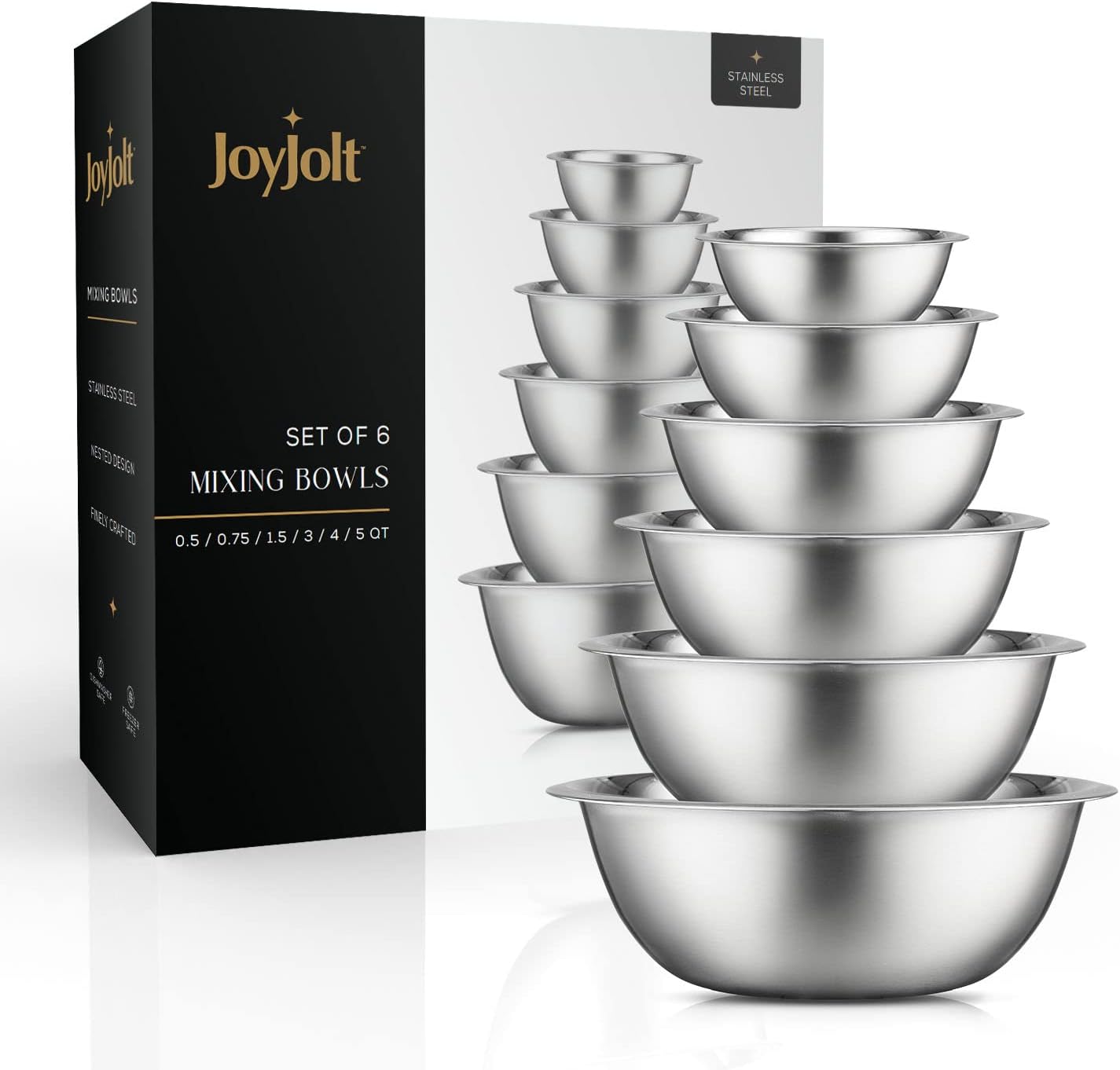 JoyJolt Stainless Steel Mixing Bowl Set of 6 Bowls. 5qt Large to 0.5qt Small Metal Bowl. Kitchen, Cooking and Storage Nesting Dough, Batter Baking Bowls - Image 2