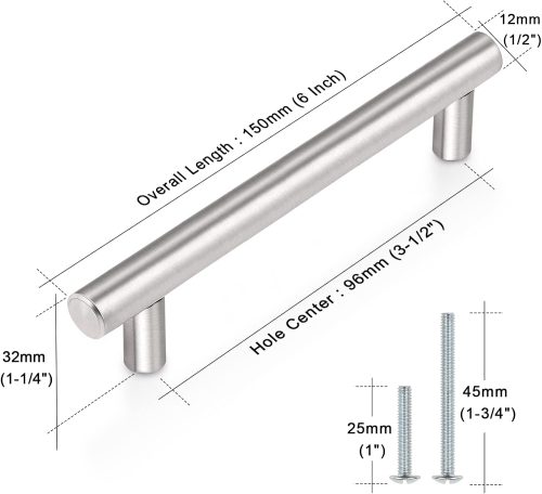 Kitchen Cabinet Handles Stainless Steel Satin Nickel Furniture Dresser Hardware,6 Inch Total Length Euro T Bar, 30 Pack - Hole Center 3.75 Inch(96mm), Brushed Nickel - Image 3