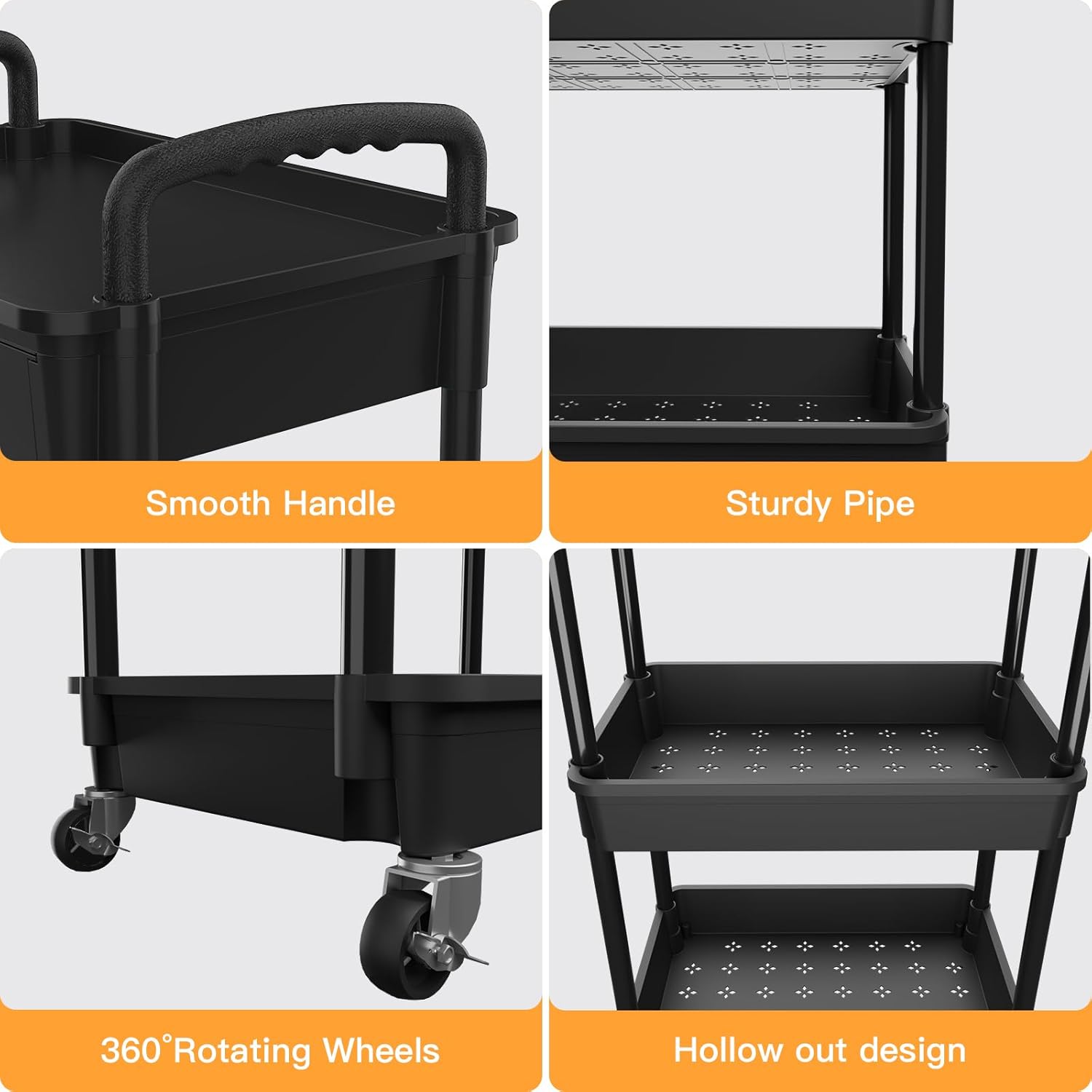 3 Tier Rolling Utility Cart with Drawer,REBECAT Utility Cart Made of Multifunctional Storage Organizer Tool for Kitchen,Bathroom,Living Room,Office(Black) - Image 3