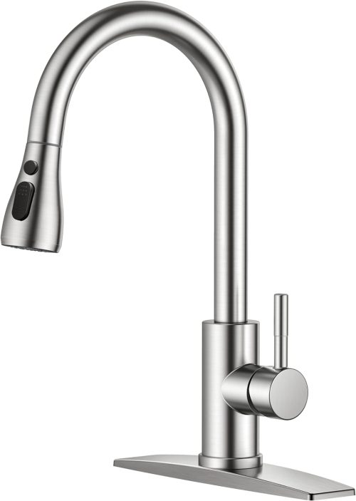 FORIOUS Kitchen Faucets, Brushed Nickel Kitchen Faucet with Pull Down Sprayer, High Arc Single Handle Stainless Steel Sink Faucets 1 or 3 Hole, Kitchen Sink Faucets for Farmhouse Camper Laundry