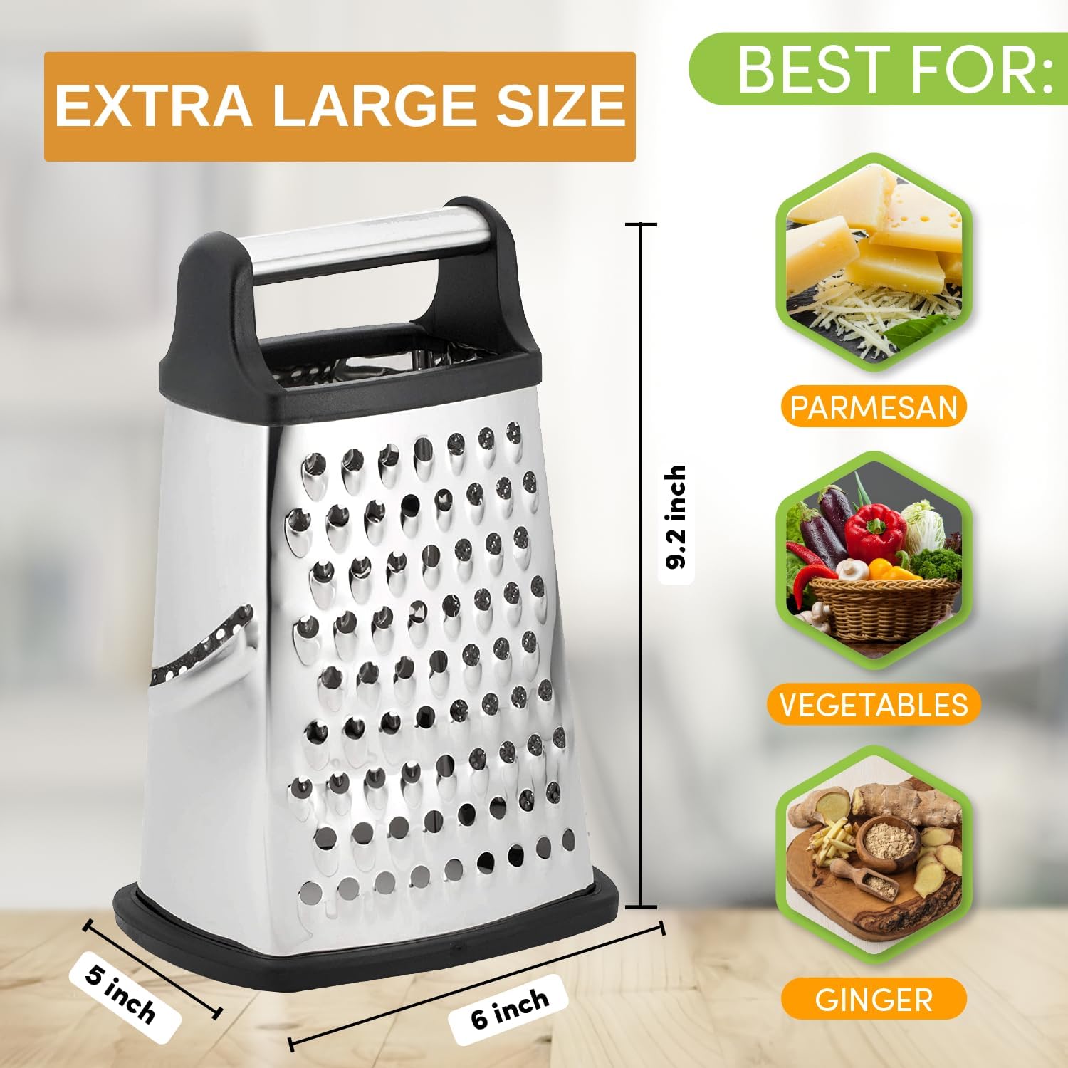 Spring Chef Professional Cheese Grater - Stainless Steel, XL Size, 4 Sides - Perfect Box Grater for Parmesan Cheese, Vegetables, Ginger - Dishwasher Safe - Black - Image 3