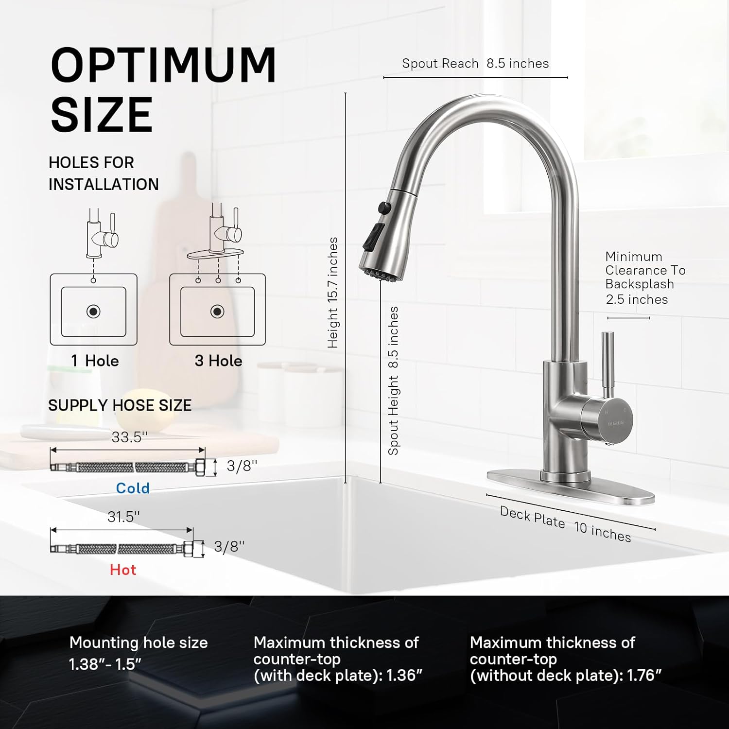 WEWE Single Handle High Arc Brushed Nickel Pull out Kitchen Faucet,Single Level Stainless Steel Kitchen Sink Faucets with Pull down Sprayer - Image 3