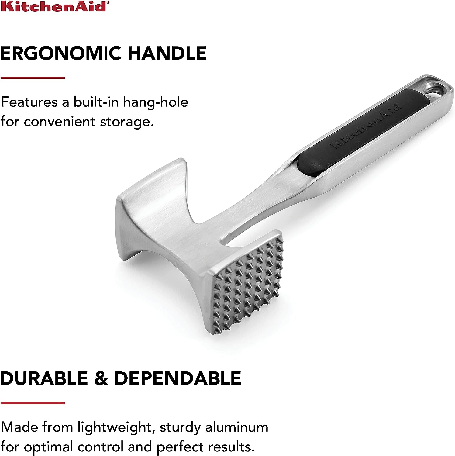 KitchenAid Gourmet Multi Sided Meat Tenderizer for Pounding Meats, Nuts, Shellfish, ect, Hang Hole for Easy Storage, Hand Wash, One Size, Black - Image 2