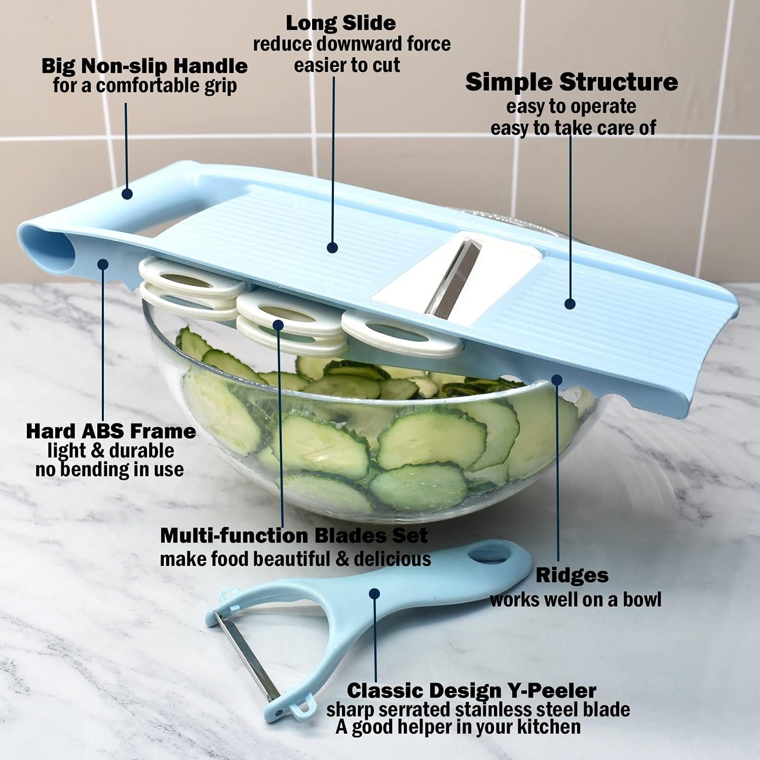 5 in 1 Mandoline Slicer for Kitchen, Vegetable Slicer Multi Blade Potato Chip, Veggie Slicer, Vegetable Cutter, Julienne Shredder and peeler For Small Job In Kitchen Blue - Image 3