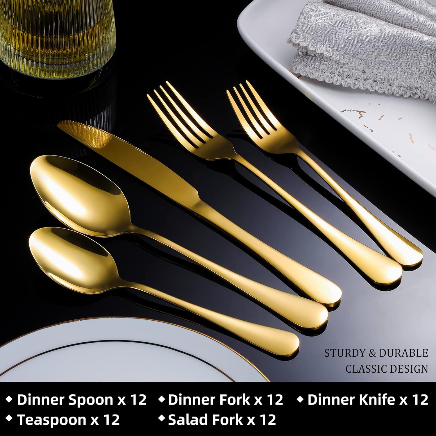 60-Piece Gold Silverware Set, Stainless Steel Flatware Cutlery Set Service for 12, Gold Utensils Tableware Cutlery Set for Home Restaurant, Mirror Finish, Dishwasher Safe (Gold) - Image 2