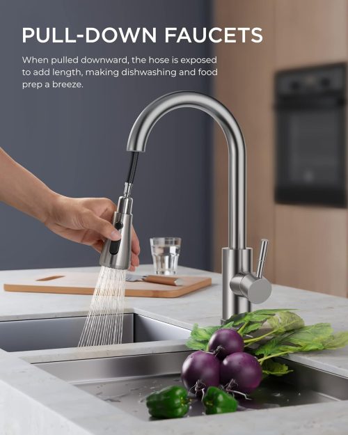 FORIOUS Kitchen Faucets, Brushed Nickel Kitchen Faucet with Pull Down Sprayer, High Arc Single Handle Stainless Steel Sink Faucets 1 or 3 Hole, Kitchen Sink Faucets for Farmhouse Camper Laundry - Image 3