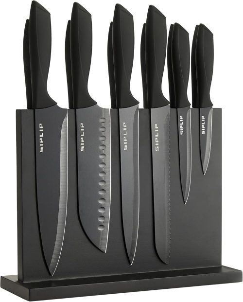 Kitchen knife set with Magnetic knife holder, 15 pieces high carbon stainless steel sharp kitchen knife set including chef's knife, bread knife, serrated steak knife set, knife sharpener