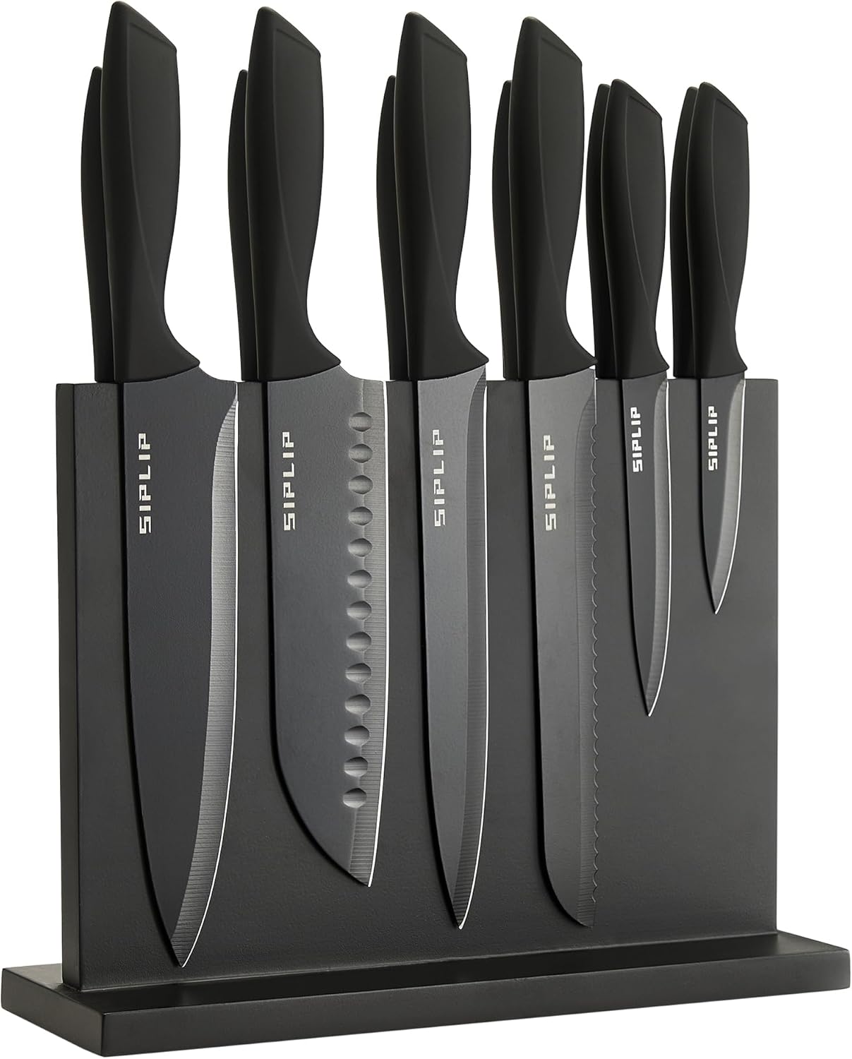 Kitchen knife set with Magnetic knife holder, 15 pieces high carbon stainless steel sharp kitchen knife set including chef's knife, bread knife, serrated steak knife set, knife sharpener