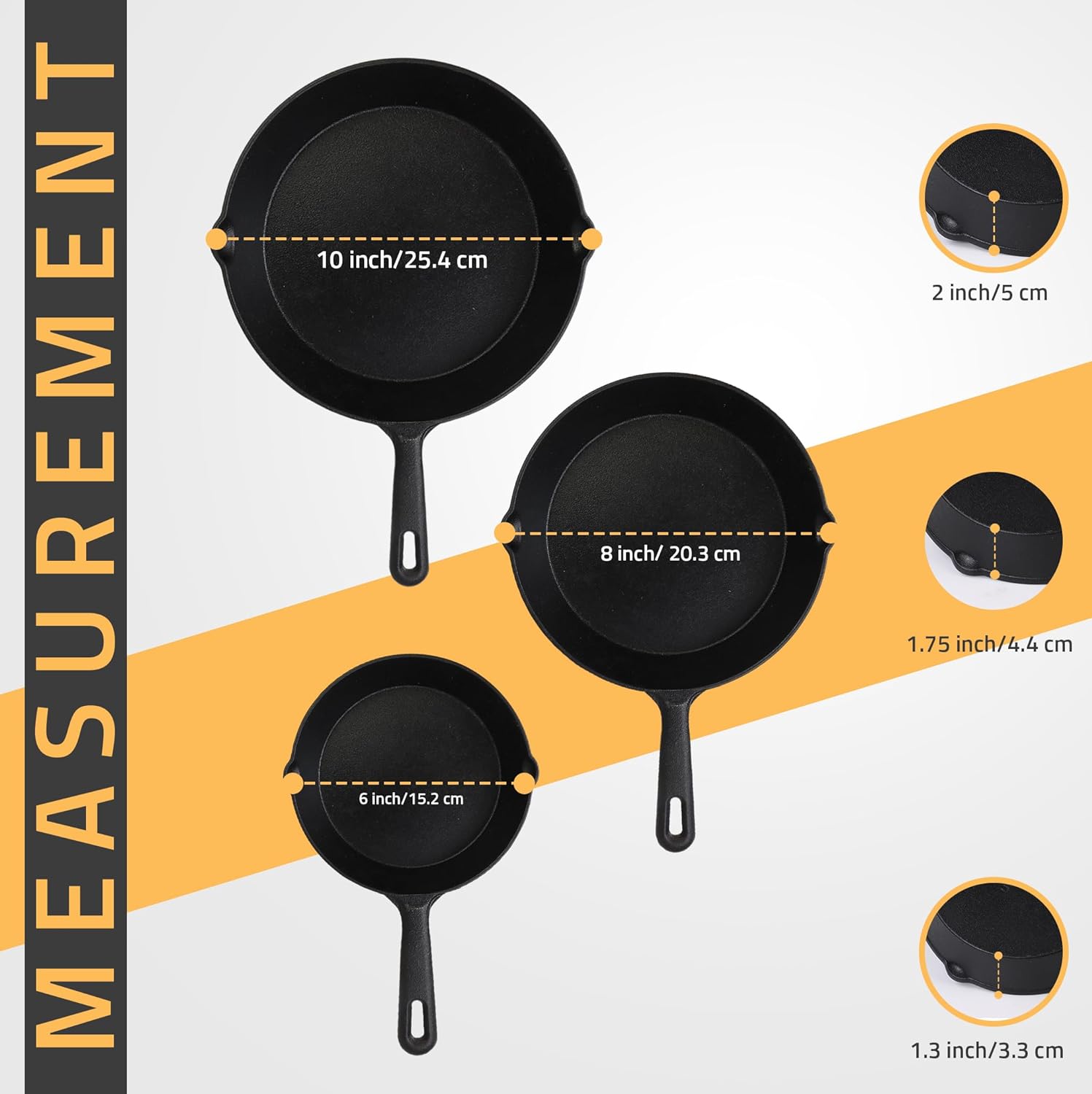 Utopia Kitchen Saute Fry Pan - Pre-Seasoned Cast Iron Skillet Set 3-Piece - Frying Pan - 6 Inch, 8 Inch and 10 Inch Cast Iron Set (Black) - Image 3