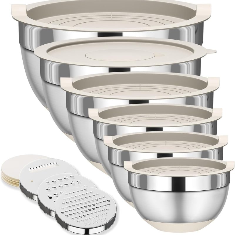 Mixing Bowls with Lids Set, 6 Piece Stainless Steel Nesting Storage Bowls for Kitchen, with 3 Grater Attachments & Non-Slip Bottoms, Size 5.5,3.5,2.5,2.1,1.5,1.1 QT