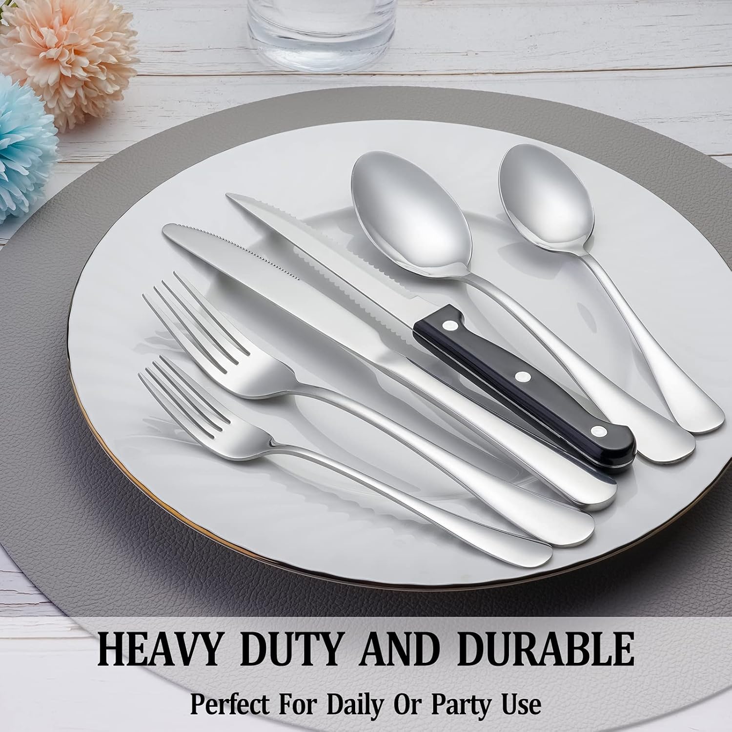 24 Pcs Silverware Set with Steak Knives Service for 4,Stainless Steel Flatware Set,Mirror Polished Cutlery Utensil Set,Home Kitchen Eating Tableware Set,Include Fork Knife Spoon Set,Dishwasher Safe - Image 3
