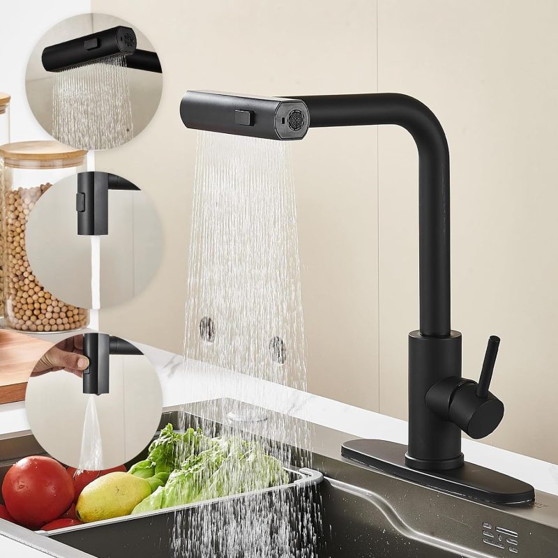 Kitchen Faucet with Pull Down Sprayer, Black Waterfall Touch Single Hole Stainless Steel Kitchen Sink Faucets, Commercial Modern Single Handle Faucets for Kitchen Sinks with Pull-down Sprayer