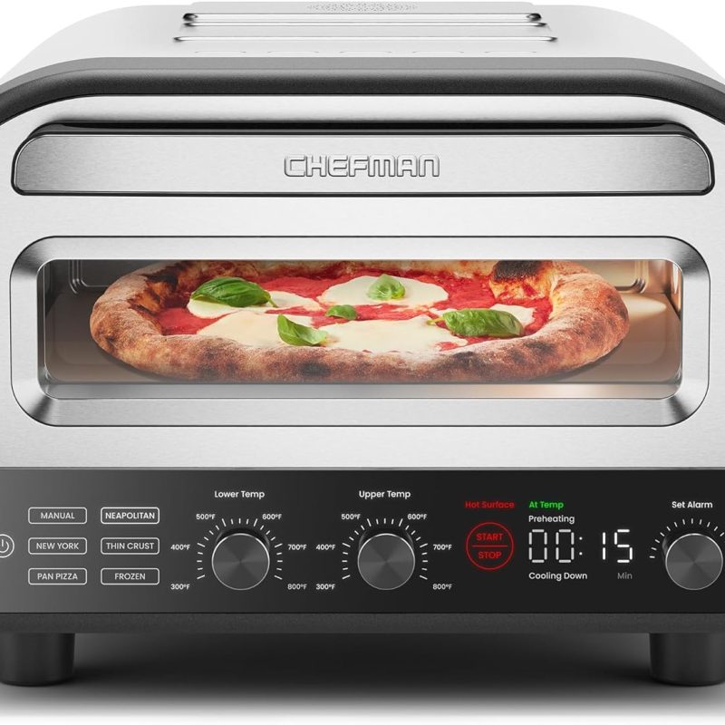 Pizza Oven - Makes 12 Inch Pizzas in Minutes, Heats up to 800°F - Countertop Electric Pizza Maker with 5 Touchscreen Presets, Pizza Stone and Peel Included - Stainless Steel