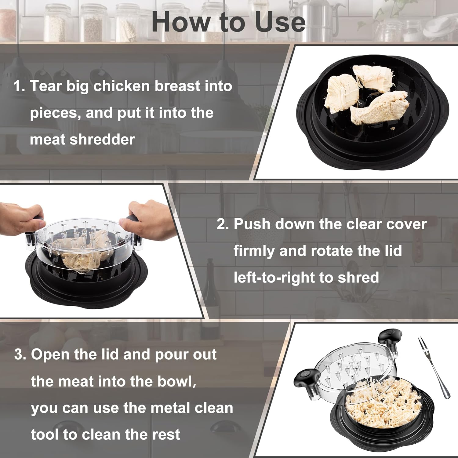 Chicken Shredder Large Chicken Breast Shredder Tool Twist with Brush&Fork, Visible Meat Shredder Machine, Strong Anti-Slip Strip, Ergonomic Handle, BPA Free, Suitable for Pork Beef Chicken - Image 3