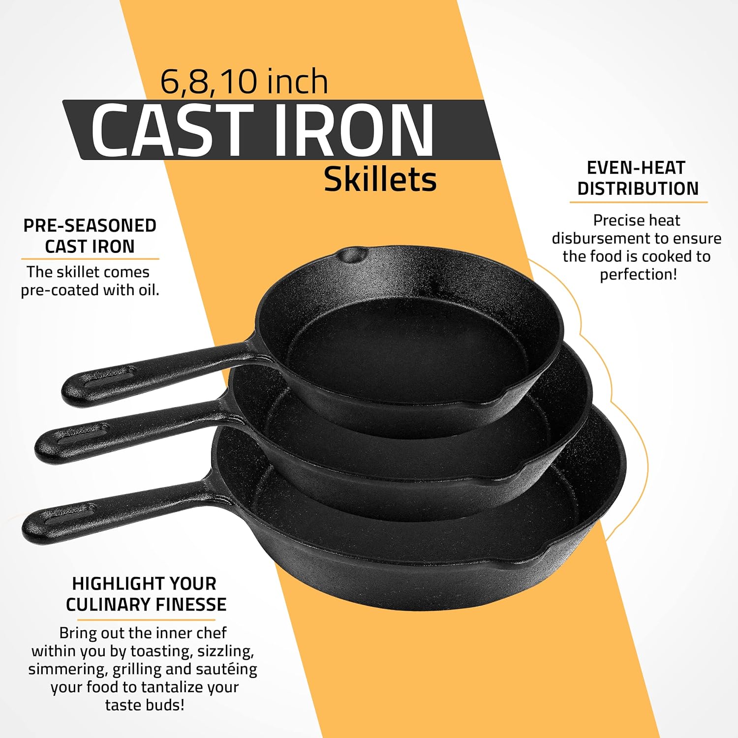 Utopia Kitchen Saute Fry Pan - Pre-Seasoned Cast Iron Skillet Set 3-Piece - Frying Pan - 6 Inch, 8 Inch and 10 Inch Cast Iron Set (Black) - Image 2