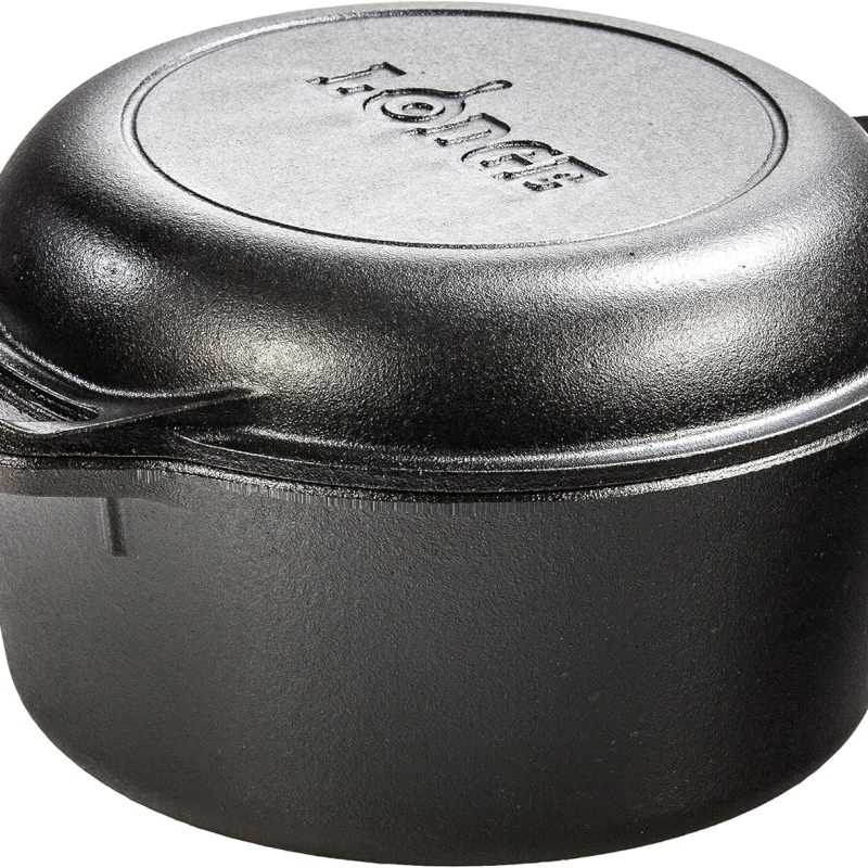 Lodge 5 Quart Pre-Seasoned Cast Iron Double Dutch Oven with Lid - Dual Handles - Lid Doubles as 10.25 Inch Cast Iron Grill Pan - Use in the Oven, on the Stove, on the Grill or over the Campfire - Black