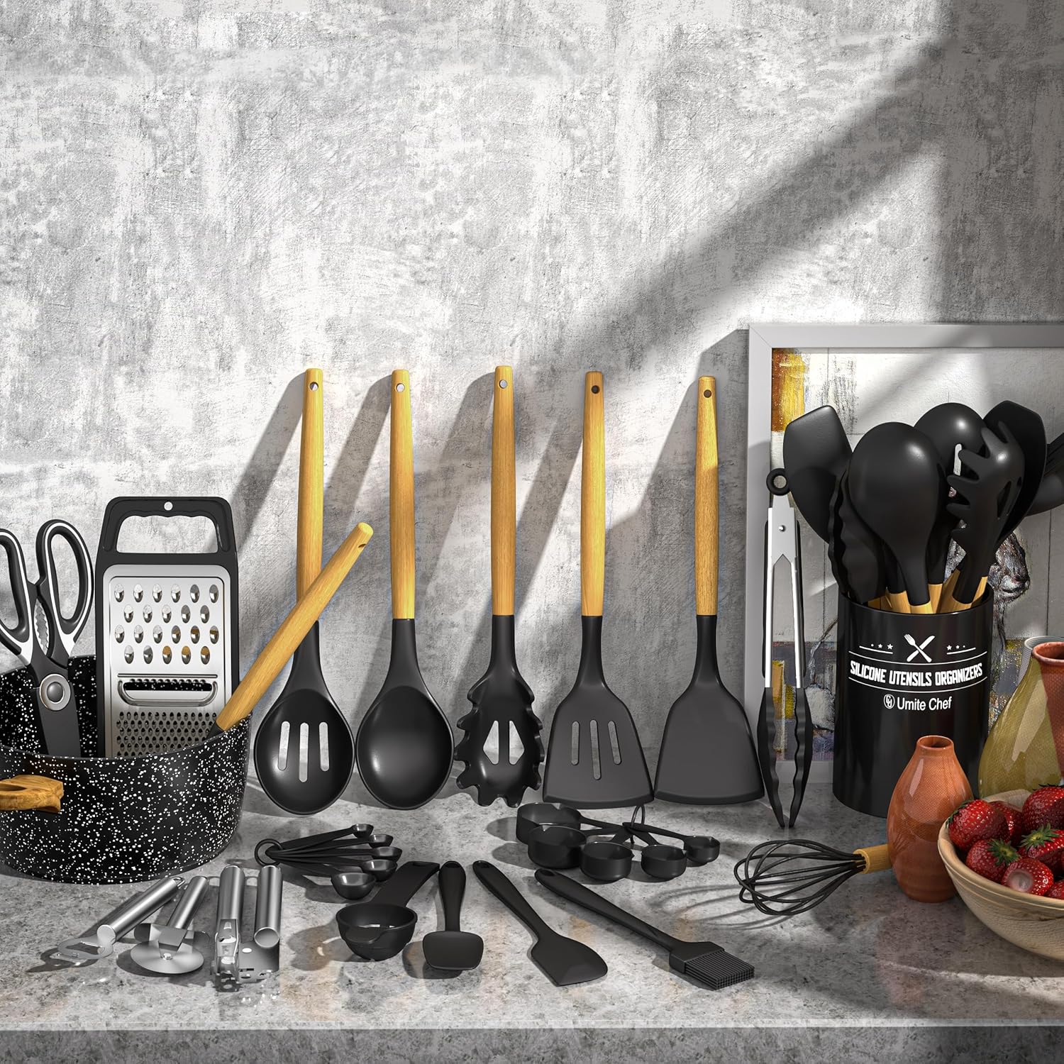 Kitchen Utensils Set- 34PCS Silicone Cooking Utensils with Holder, Umite Chef Heat Resistant Kitchen Utensil Spatula Set for Nonstick Cookware, Black Wooden Handles Kitchen Gadgets Tools Set - Image 3